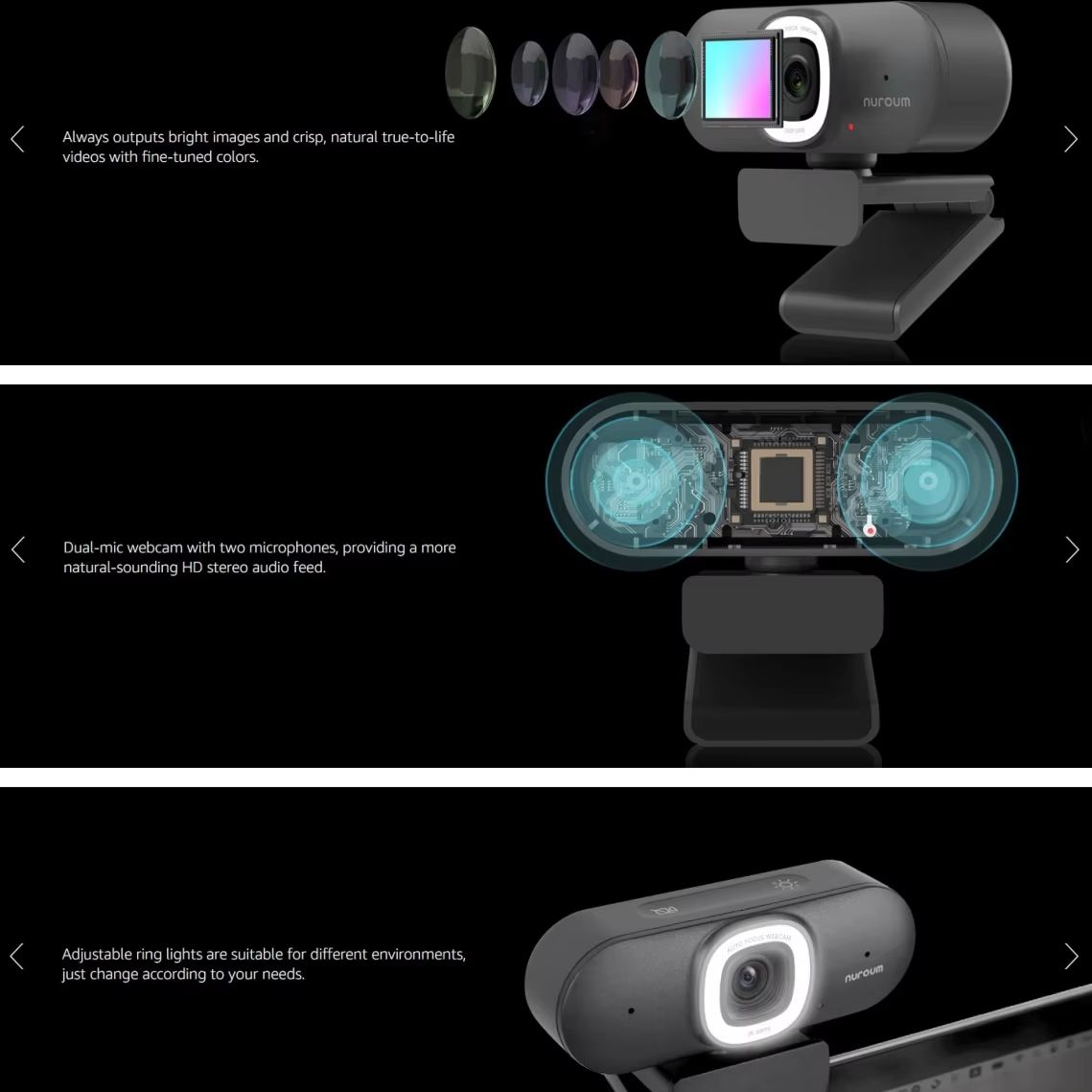 NUROUM 2K Auto Focus Webcam wi - Webcam Ring Light 评论和价格